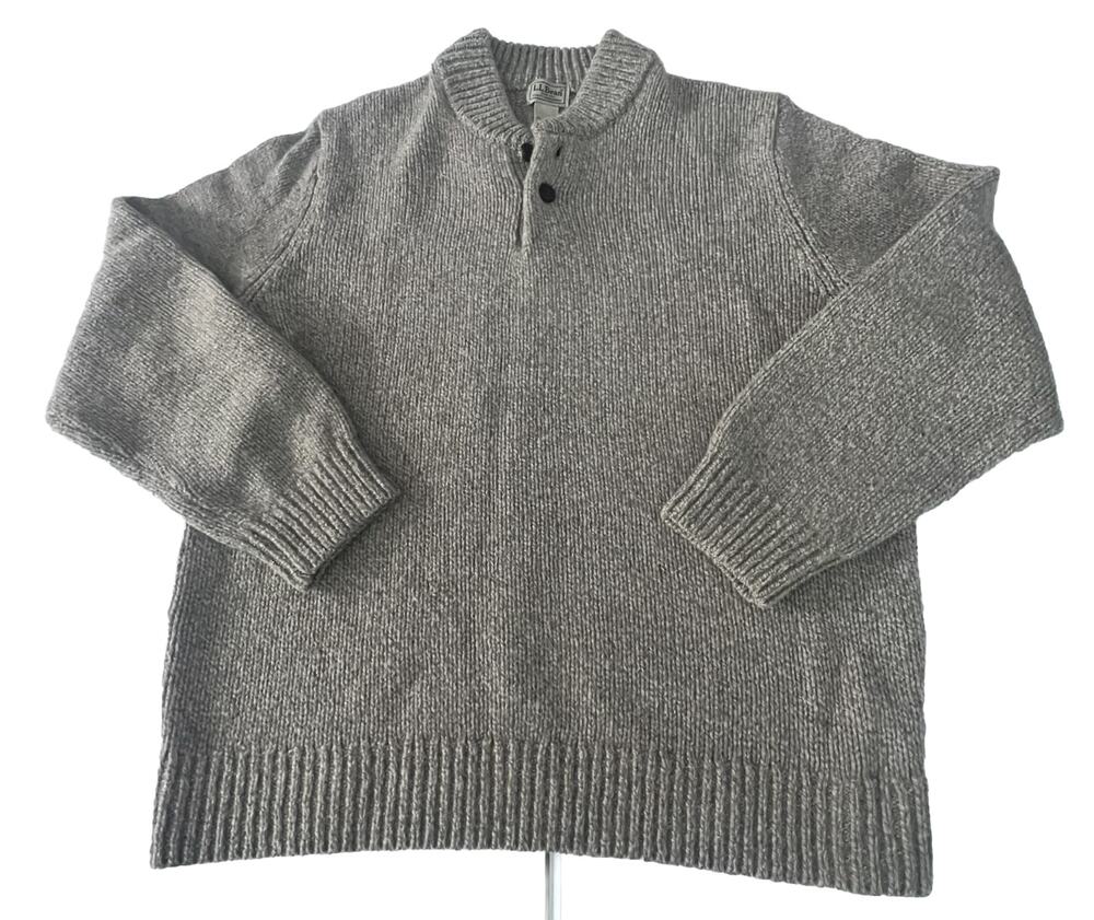 L.L. Bean 100% Lambs Wool Henley Sweater Tan Cream Leather Button Men’s Large L
